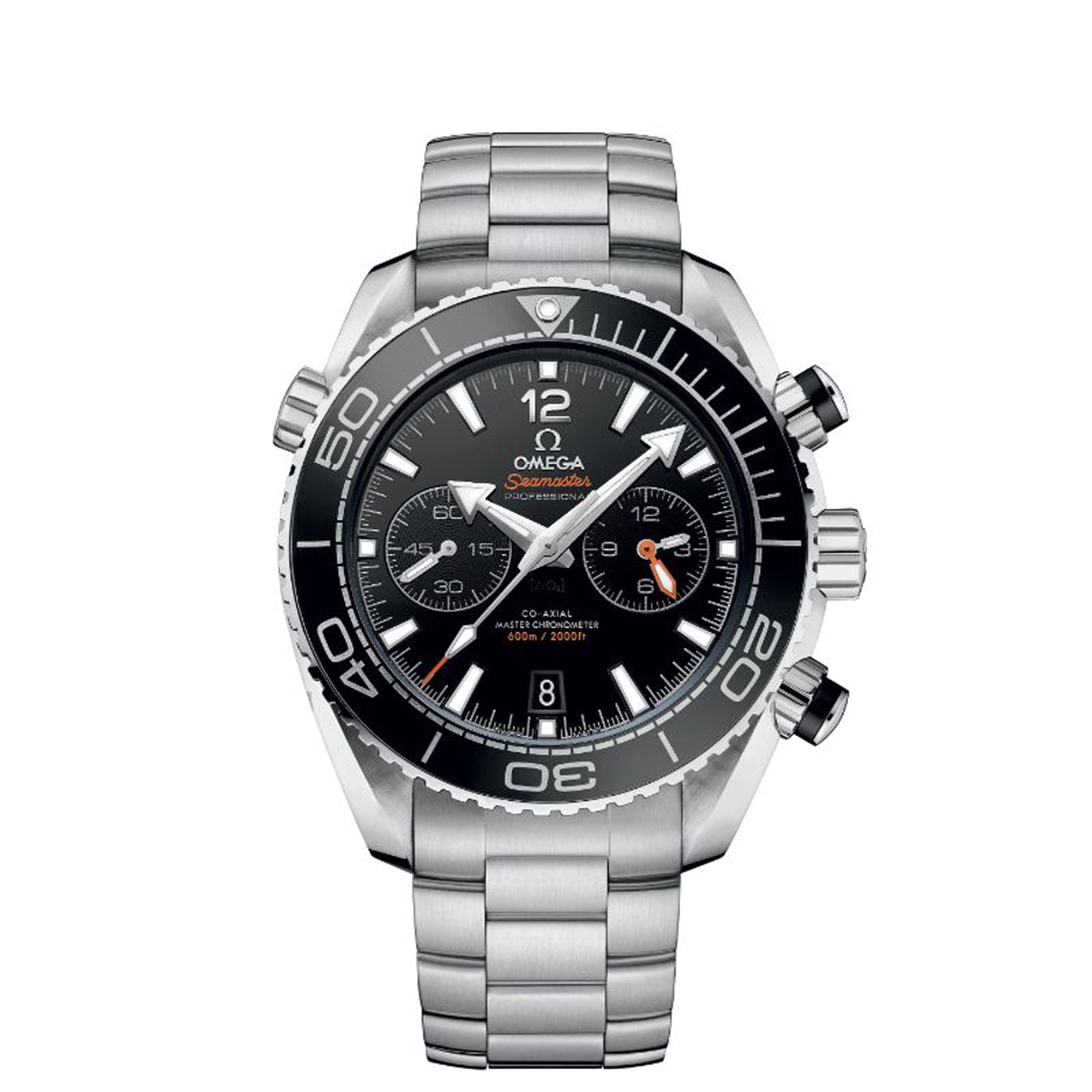 A silver stainless steel wristwatch with a black dial from the OMEGA Seamaster Planet Ocean 600M Co-Axial Master Chronometer Chronograph 45.5mm series, featuring a rotating bezel and multiple subdials. This watch displays the OMEGA brand name and includes a date window at the 6 o'clock position.