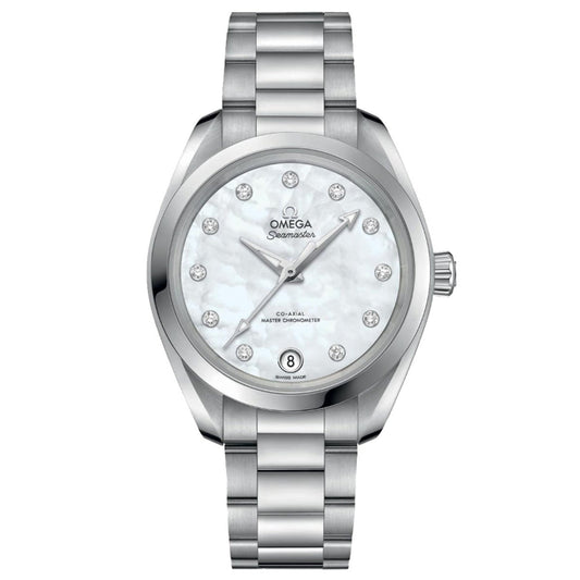 The OMEGA Seamaster Aqua Terra 150M Co-Axial Master Chronometer 34mm Watch flaunts a stainless steel bracelet and a white mother-of-pearl dial accentuated with diamond indexes. It is driven by the OMEGA Co-Axial Master Chronometer calibre 8800, gracefully integrating a date window at the 6 o'clock position.