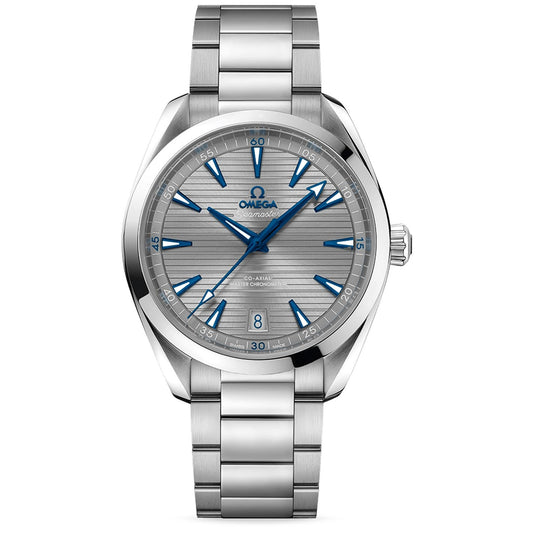 The OMEGA Seamaster Aqua Terra 150m Co-Axial Master Chronometer 41mm Watch boasts a silver stainless steel wristwatch design with a gray textured dial. It features blue hour markers and hands, as well as a date window at the 6 o'clock position, capturing the sporty elegance of the Seamaster Aqua Terra collection.