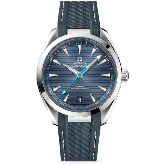 The OMEGA Seamaster Aqua Terra 150M Co-Axial Master Chronometer 41mm Watch showcases a blue textured dial adorned with silver hour markers and hands, a date window, and the iconic OMEGA Seamaster Aqua Terra logo. It features a polished stainless steel case that complements its elegant blue leather strap, detailed with a geometric pattern.