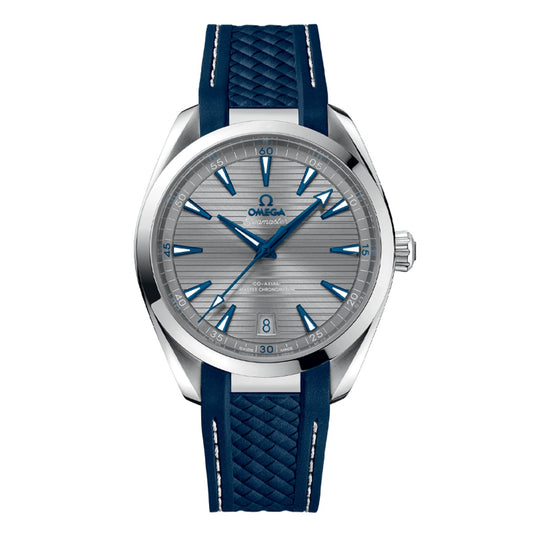Presenting the OMEGA Seamaster Aqua Terra 150M Co-Axial Master Chronometer 41mm Watch—a luxurious timepiece featuring a silver dial, blue hour markers, and a matching blue strap. This sleek creation by OMEGA boasts a polished silver case and a small date window, seamlessly merging elegance with precision.