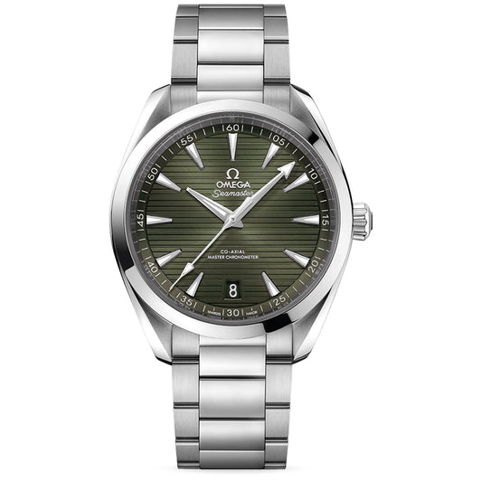 The OMEGA Seamaster Aqua Terra 150m Co-Axial Master Chronometer 41mm Watch features a sophisticated stainless steel bracelet and a striking green dial. Its luminescent hands and hour markers ensure excellent visibility, with a date display conveniently located at the 6 o'clock position. The outer minute track adds precision to the elegant design, while the iconic Omega logo and "Seamaster" text are beautifully positioned below the 12 o'clock mark.