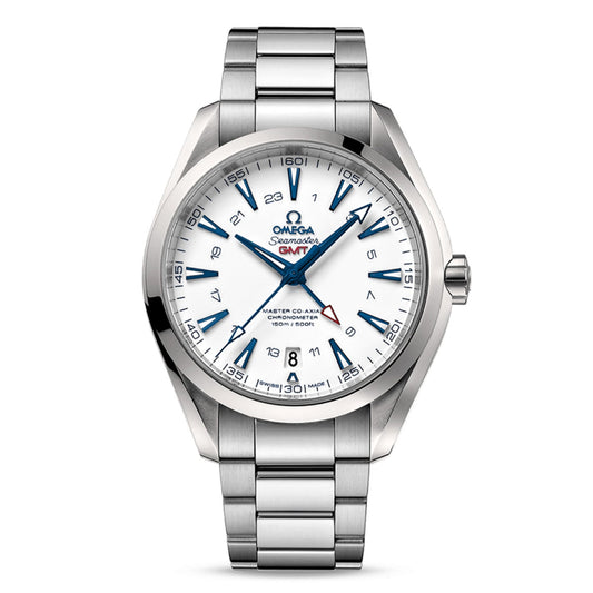 The OMEGA Seamaster Aqua Terra 150M Co-Axial Master Chronometer GMT 43mm Watch GoodPlanet is a luxury wristwatch featuring a stainless steel bracelet and case. It boasts a white dial with blue hour markers and hands, along with branding and a GMT function, reflecting its dedication to environmental conservation.