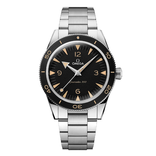An OMEGA Seamaster 300 Co-Axial Master Chronometer 41mm Watch made of stainless steel, showcasing a black dial with silver hands and hour markers enhanced with Super-LumiNova. It includes a unidirectional bezel and a metal bracelet, with the OMEGA logo and brand name clearly displayed on the dial.