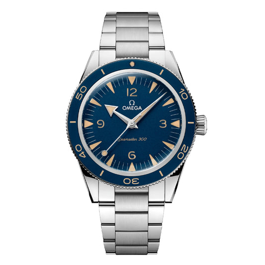 The OMEGA Seamaster 300 Co-Axial Master Chronometer 41mm Watch is a classic diving timepiece crafted from stainless steel. It showcases a blue face adorned with the OMEGA logo and "Seamaster 300" text. The watch features hour markings, numerals at the 12, 3, 6, and 9 o'clock positions, and luminous hands. Additionally, it includes a durable bracelet and a rotating bezel.