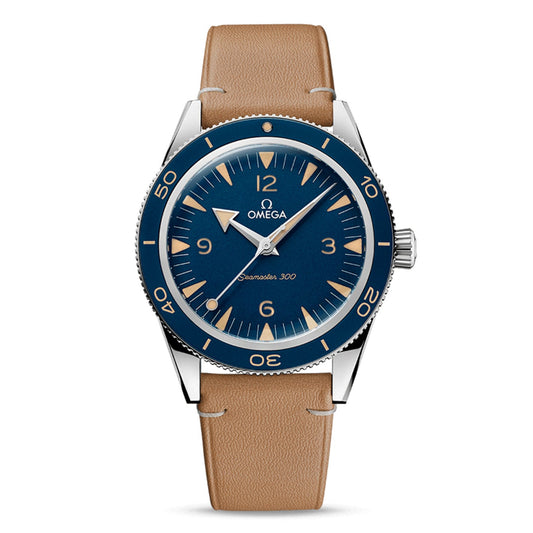 The OMEGA Seamaster 300 Co-Axial Master Chronometer 41mm Watch is elegantly designed with a tan leather strap and a round blue dial encased in silver. The watch face showcases white markings and silver hands treated with Super-LumiNova for improved visibility. Additionally, it features a rotating bezel with minute markings, making it perfect for diving enthusiasts.