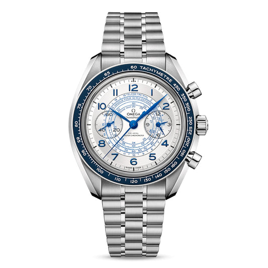 The OMEGA Speedmaster Chronoscope Co-Axial Master Chronometer Chronograph 43mm Watch features a silver analog design with a blue and white chronoscope dial. This watch includes a tachymeter scale on the bezel and comes with a stainless steel bracelet. It has visible clock hands and numerals, along with two pushers and a crown on the right side, all true to OMEGA's renowned craftsmanship.
