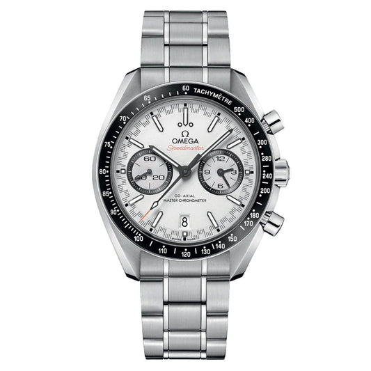 An OMEGA Speedmaster Racing Co-Axial Master Chronometer Chronograph 44.25mm watch featuring a sleek silver design with a stainless steel bracelet. The watch includes a white dial, complemented by a black bezel with a tachymeter scale. Three subdials add to its precision, and it features two pushers on the right side alongside bold hour markers, perfectly encapsulating the essence of an OMEGA Master Chronometer.