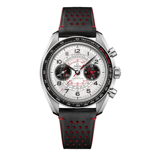 Discover the refined elegance of the OMEGA Speedmaster Chronoscope Co-Axial Master Chronometer Chronograph 43mm Watch. This luxurious timepiece boasts a silver dial accentuated with black and red details, complemented by a tachymeter bezel. Its design features a black perforated leather strap with red stitching and multiple sub-dials for precise timekeeping, all powered by the Master Chronometer Calibre 9908 for superior accuracy.
