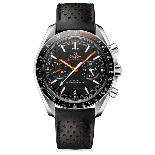 A close-up of an OMEGA Speedmaster Racing Co-Axial Master Chronometer Chronograph 44.25mm watch, showcasing its black dial with orange accents. It includes three subdials, a tachymeter scale on the bezel, and a black perforated leather strap. The time displayed is 10:09:34.