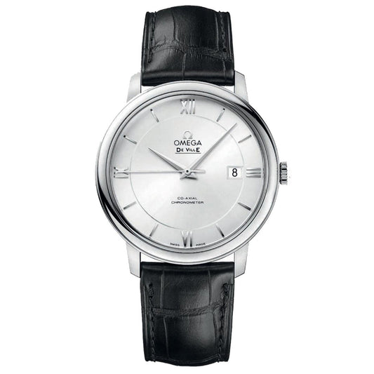 The OMEGA De Ville Prestige Co-Axial Chronometer 39.5mm Watch showcases a classic elegant design, featuring a black leather strap and a white dial adorned with Roman numerals. Equipped with the Co-Axial calibre 2500, it includes silver hands and a date display at the 3 o'clock position.