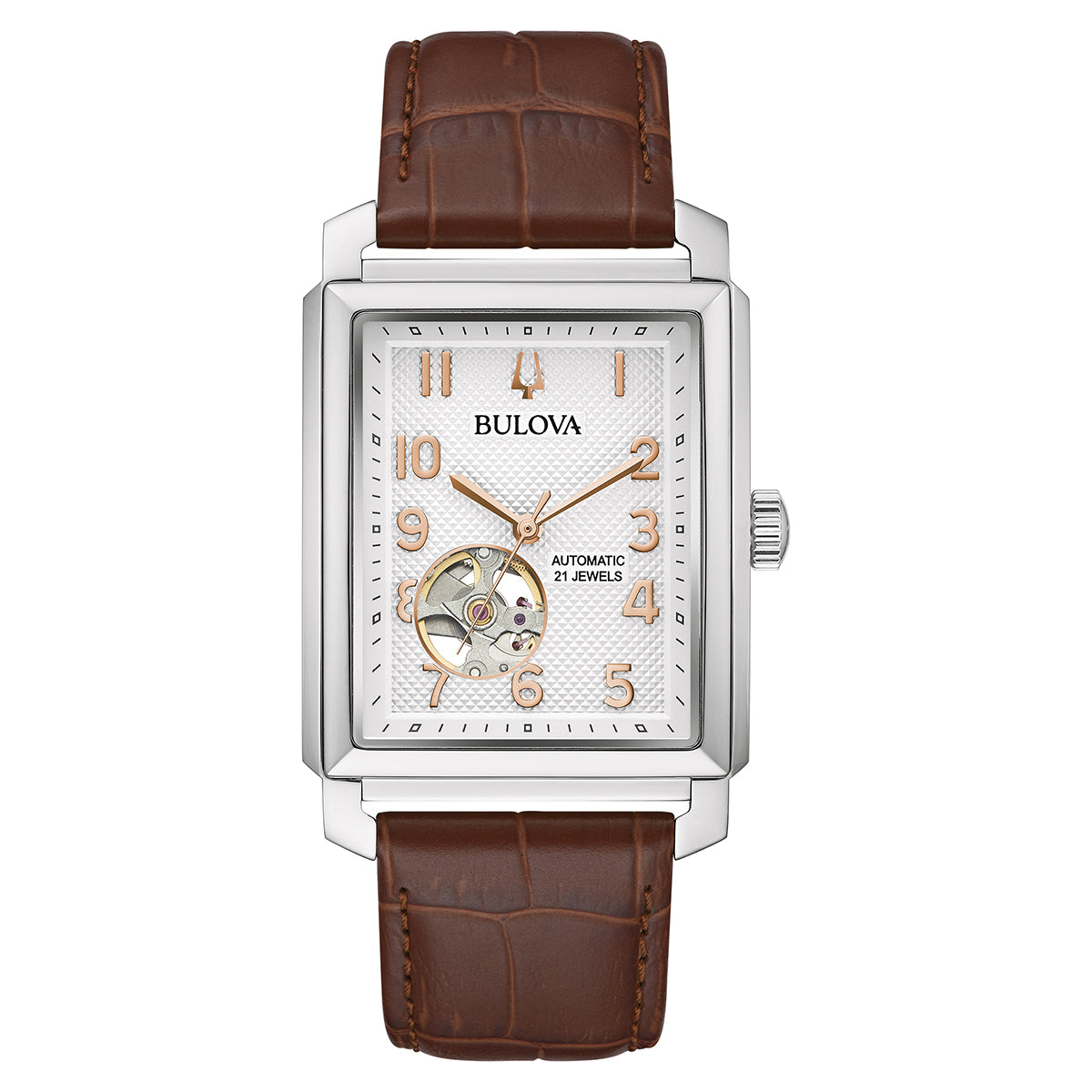 The elegant Bulova Sutton Automatic 33 x 49mm Watch showcases a rectangular design with an alligator-grain leather strap. It boasts a white face adorned with rose gold numerals and an open-heart design that reveals the mechanism, complemented by a silver-toned bezel. The dial features the inscription "Automatic 21 Jewels.