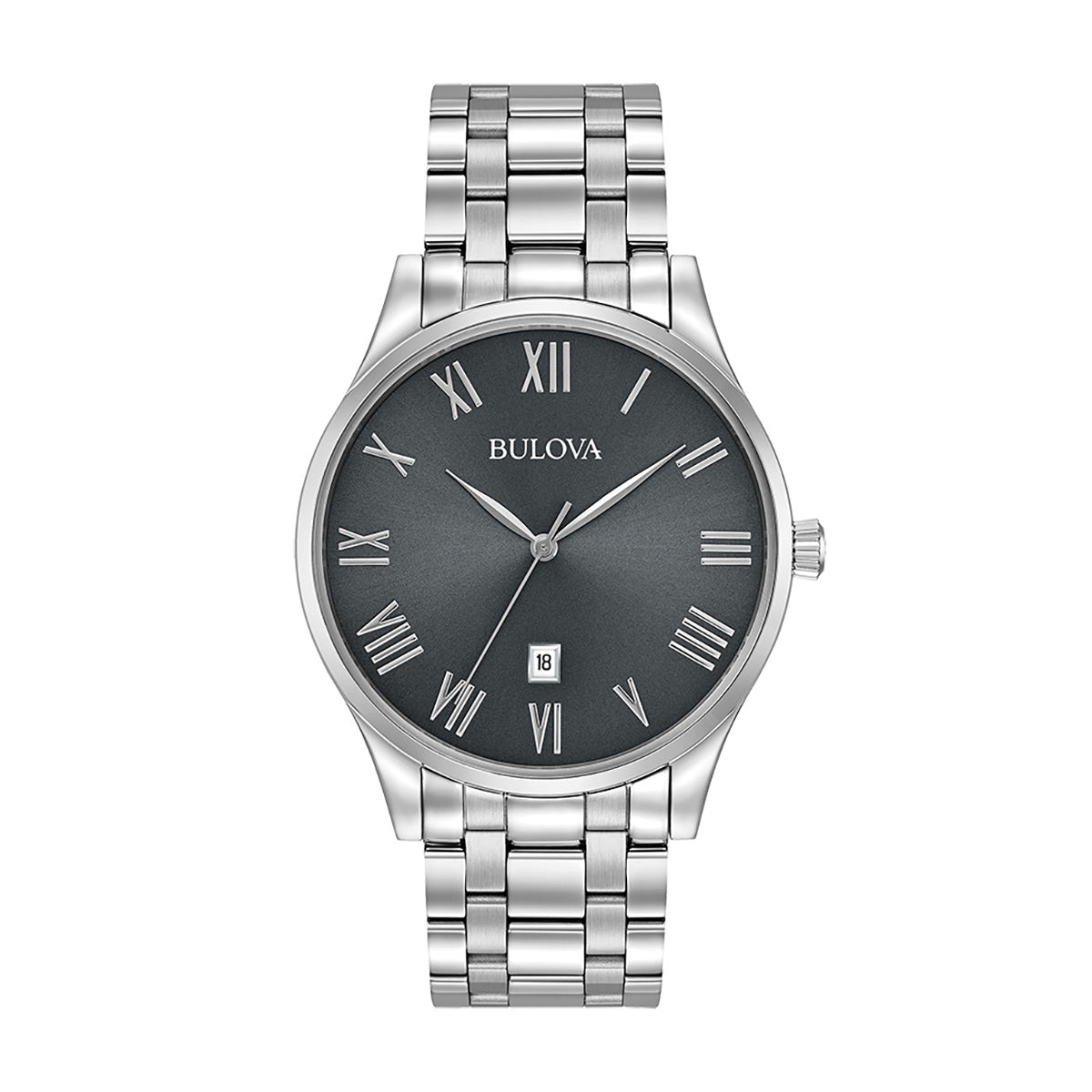 The Bulova Classic Quartz 40mm Watch features a stainless steel case and a striking dark green face with silver Roman numeral hour markers. It includes a date window at the 6 o'clock position and three hands, with the "Bulova" brand name displayed below the 12 o'clock marker.