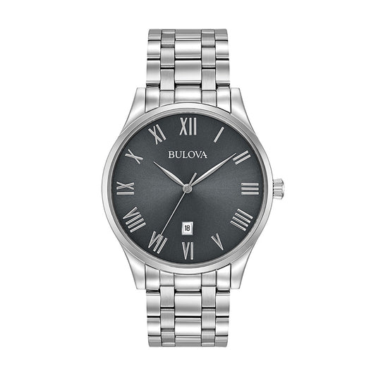 The Bulova Classic Quartz 40mm Watch features a stainless steel case and a striking dark green face with silver Roman numeral hour markers. It includes a date window at the 6 o'clock position and three hands, with the "Bulova" brand name displayed below the 12 o'clock marker.
