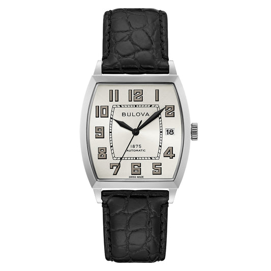 The Bulova Banker Joseph Bulova Automatic 33mm Watch Limited Edition showcases a rectangular silver face with bold black numerals and a date display at 3 o'clock. It features a textured black leather strap and sapphire crystal protection. The watch face includes the words "Automatic" and "1875," and it is powered by a Swiss-made automatic movement, reflecting true precision.