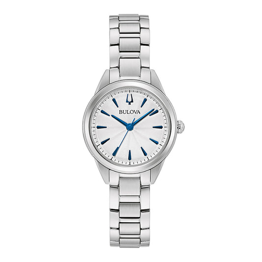 A Bulova Sutton Quartz 28mm watch, featuring a stainless steel link band and a silver white dial. The minimalist watch face includes blue hour markers and hands, with the Bulova brand name elegantly displayed below the 12 o'clock position.