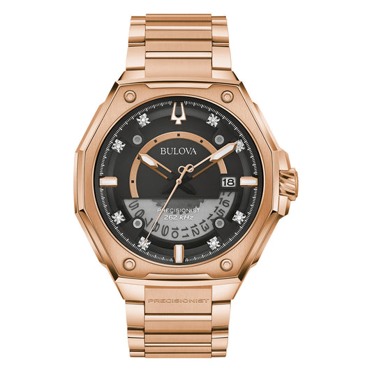 The Bulova Precisionist X Quartz 47mm Watch in rose gold-tone features a round black and gold dial with a date display at 3 o'clock and multiple time markings. This watch showcases high-performance movement, a thick linked bracelet, and "Bulova" branding on the face.