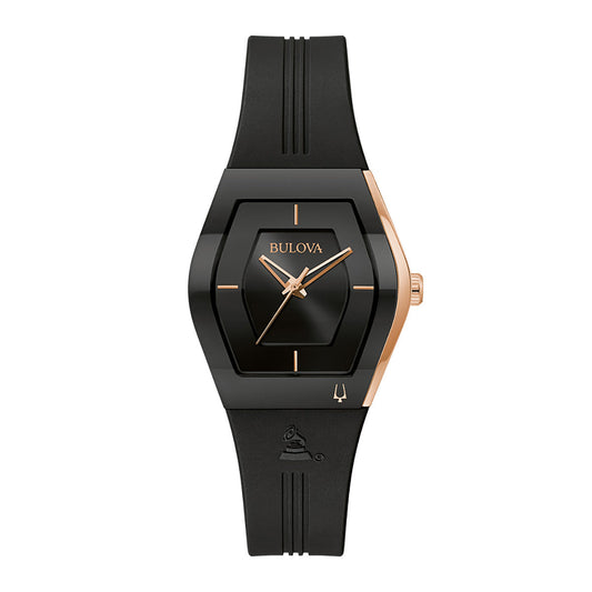 Introducing the Bulova Latin Grammy Gemini Quartz 30.5mm Watch, a sophisticated timepiece that boasts a modern black design with a rectangular dial and three-hand quartz movement. This elegant watch features rose gold-tone stainless steel hour markers and hands, complemented by a black strap, capturing the essence of contemporary style in line with the Latin GRAMMY Gemini spirit.