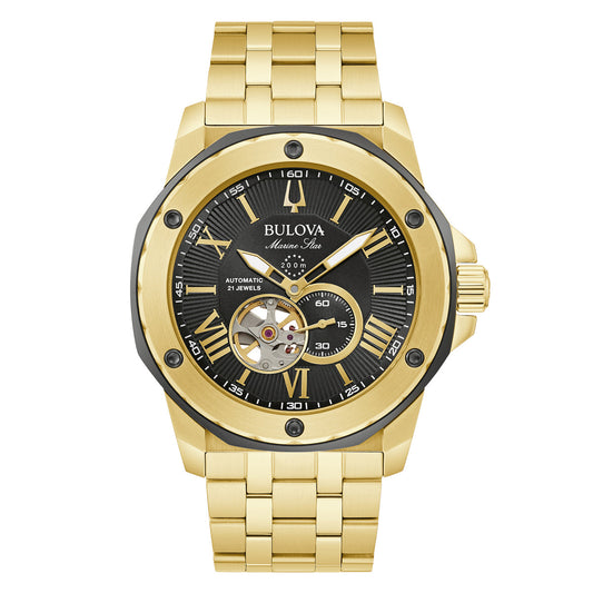 The Bulova Marine Star Automatic 45mm men's watch features a striking gold design with a black dial that highlights an open heartbeat automatic movement equipped with 21 jewels. The dial includes a visible mechanical component, gold hour markers, and a subdial situated at the 6 o'clock position, while the bracelet is crafted from gold-toned stainless steel.