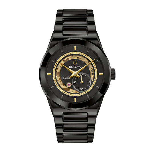 The Bulova Millennia Automatic 41mm Watch is a sleek black wristwatch with a contemporary design, featuring a metallic band and round dial. Its watch face is adorned with golden accents, three sub-dials, and a date window, perfectly merging luxury with functionality.