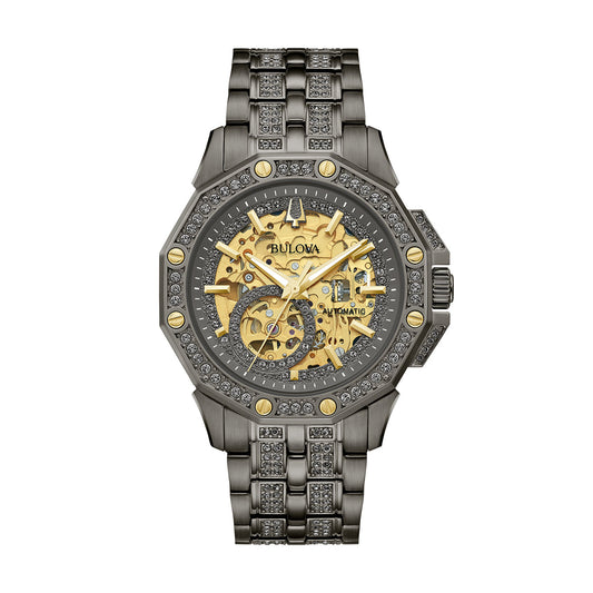 Introducing the Bulova Octava Automatic 41.7mm Watch, a luxurious timepiece boasting an intricate skeleton design. This exquisite watch features a striking gold and black color scheme with visible gears powered by an automatic movement. As part of Bulova's Men's Crystal Collection, it is crafted with a stainless steel case complemented by a jeweled metal bracelet and gemstone-adorned bezel, exuding elegance at every glance.