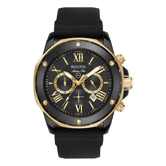 As a part of the Bulova Marine Star Series A, this 44mm watch showcases a striking black and gold design with Roman numerals. It includes three subdials, a date display, and offers water resistance. The black strap adds to its sophisticated yet sporty appearance.