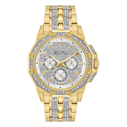 This luxurious timepiece from Bulova, specifically the Octava Quartz 41.7mm Watch, boasts a goldtone stainless steel bracelet adorned with an impressive 306 crystals. Part of the Men's Crystals Collection, it features multiple dials on its face, with the Bulova brand name prominently displayed among diamond accents, exuding sophistication and elegance.