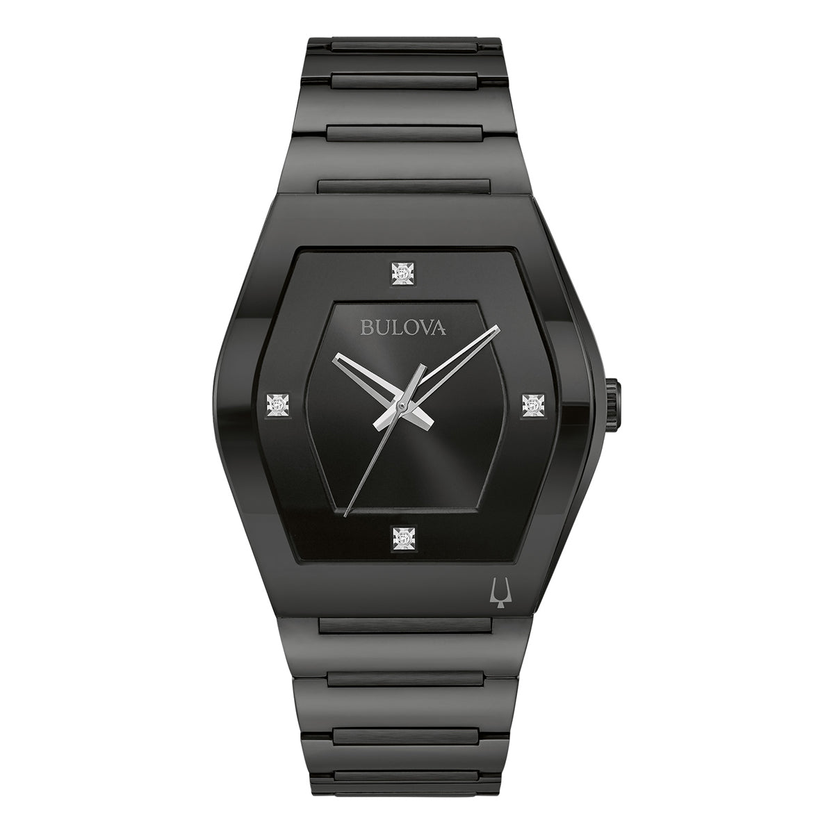 Discover the sophistication of the Bulova Gemini Quartz 40mm Watch, a stylish black creation by Bulova featuring a geometric stainless steel case. Its design includes a black dial, silver hands, and diamond markers positioned at 12, 3, 6, and 9 o'clock. The timepiece is finished with a coordinating black metallic strap.