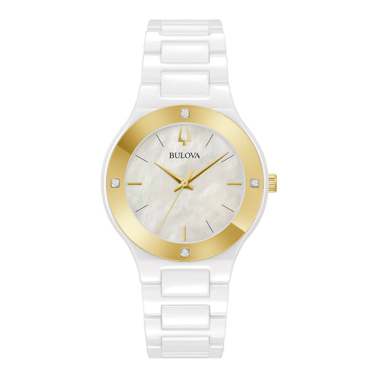 The Bulova Millennia Quartz 34.5mm Watch is a stunning timepiece featuring a white ceramic bracelet and a round bezel with gold accents. Its exquisite Mother-of-Pearl dial is adorned with gold hour markers and hands, highlighted by diamond accents at the 12, 3, 6, and 9 o'clock positions.