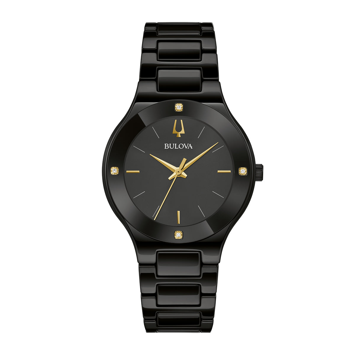 A stylish black Bulova Millennia Quartz 34.5mm Watch boasts a glossy ceramic finish and features a minimalist black dial adorned with gold-tone hands and hour markers, along with small diamond accents at the 3, 6, 9, and 12 positions. The matching bracelet is crafted from black stainless steel.