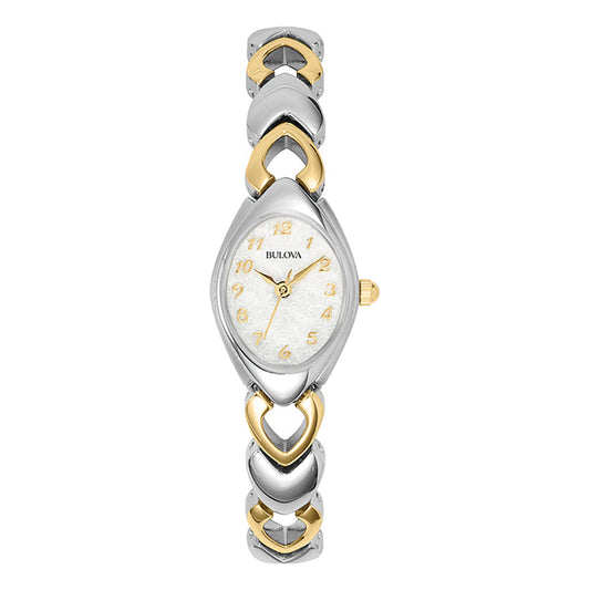 The Bulova Classic Quartz 23mm Watch boasts a distinctively shaped face and a detailed, interwoven band design in silver and gold. Its stainless steel case encloses a white patterned dial accented with gold Arabic numeral hour markers and hands.