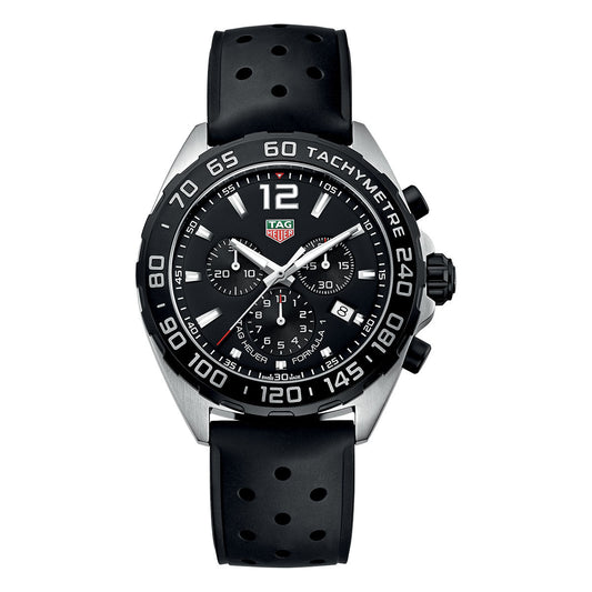 The TAG Heuer Formula 1 Chronograph Quartz 43mm Watch by TAG Heuer features a bold black dial with three subdials, a tachymeter bezel, and a sporty black perforated rubber strap. Built for adventure, this striking timepiece also offers 200-meter water resistance.