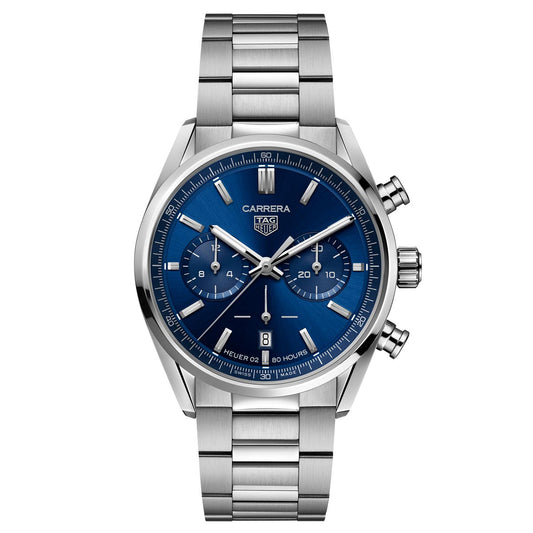 Introducing the TAG Heuer Carrera Chronograph Automatic 42mm Watch by TAG Heuer—a silver wristwatch featuring a striking blue dial with two subdials, silver hour markers, and a date window positioned at 6 o’clock. Powered by the renowned Heuer 02 movement for outstanding Swiss precision, this timepiece is completed with a metal bracelet and two push buttons on the side.
