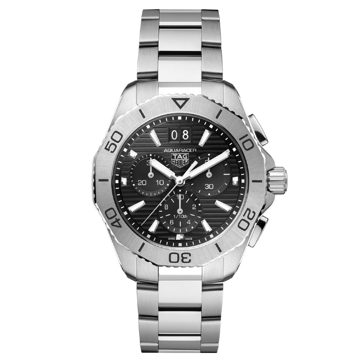 Introducing the TAG Heuer Aquaracer Professional 200 Chronograph Quartz 40mm Watch by TAG Heuer, featuring a sleek stainless steel design with a black dial, luminous markers, and a robust steel bezel with minute markers. Engineered for exceptional water resistance, this watch is ideal for any adventure.