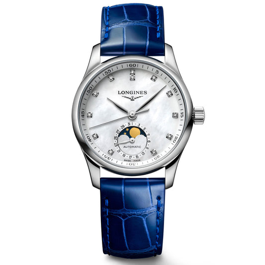 Indulge in the sophisticated design of the Longines Master Collection Automatic Moonphase 34mm Watch. Featuring a stainless steel case, blue leather strap, and white dial, this luxury timepiece includes diamond hour markers, a date display, a moon phase complication above 6 o'clock, self-winding movement, and scratch-resistant sapphire crystal.