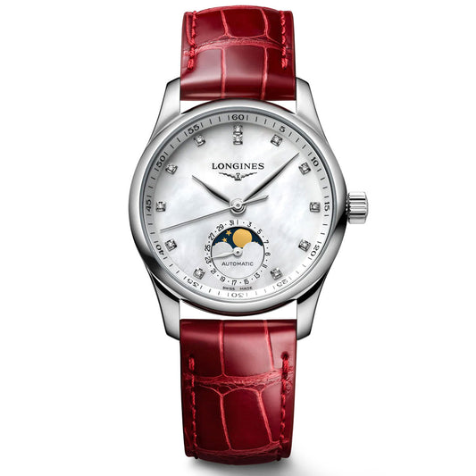 This stunning Longines Master Collection Automatic Moonphase 34mm Watch showcases a silver case and a mother-of-pearl dial highlighted by diamond hour markers. Featuring a moon phase display, date indicator, and self-winding movement, it beautifully represents traditional watchmaking. The design is finished with a red crocodile leather strap.