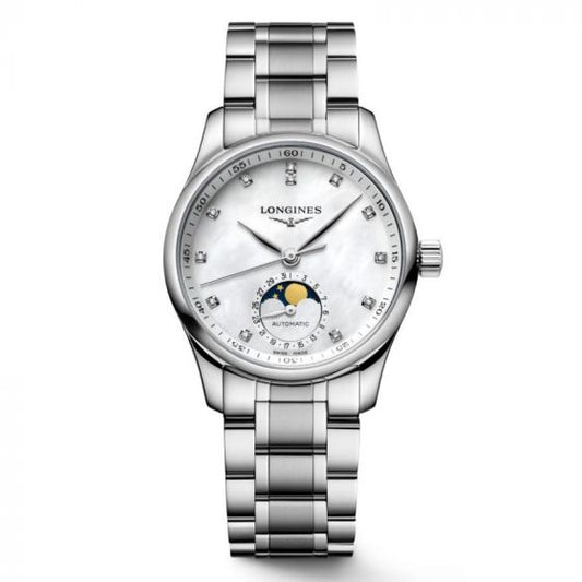 The Longines Master Collection Automatic 34mm Watch by Longines showcases a classic aesthetic with its metal bracelet. It features a white mother-of-pearl dial embellished with diamond hour markers, a moon phase indicator at the 6 o'clock position, and offers the precision of automatic movement—an outstanding timepiece indeed.