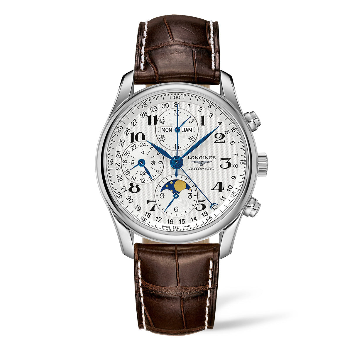 The Longines Master Collection Automatic Moonphase 40mm Watch showcases a white dial paired with a brown leather strap and silver casing. Its face is adorned with several subdials displaying the day, date, 24-hour time, and moon phase, enhanced by black numerals and elegant blue hands. This watch is powered by self-winding movements.