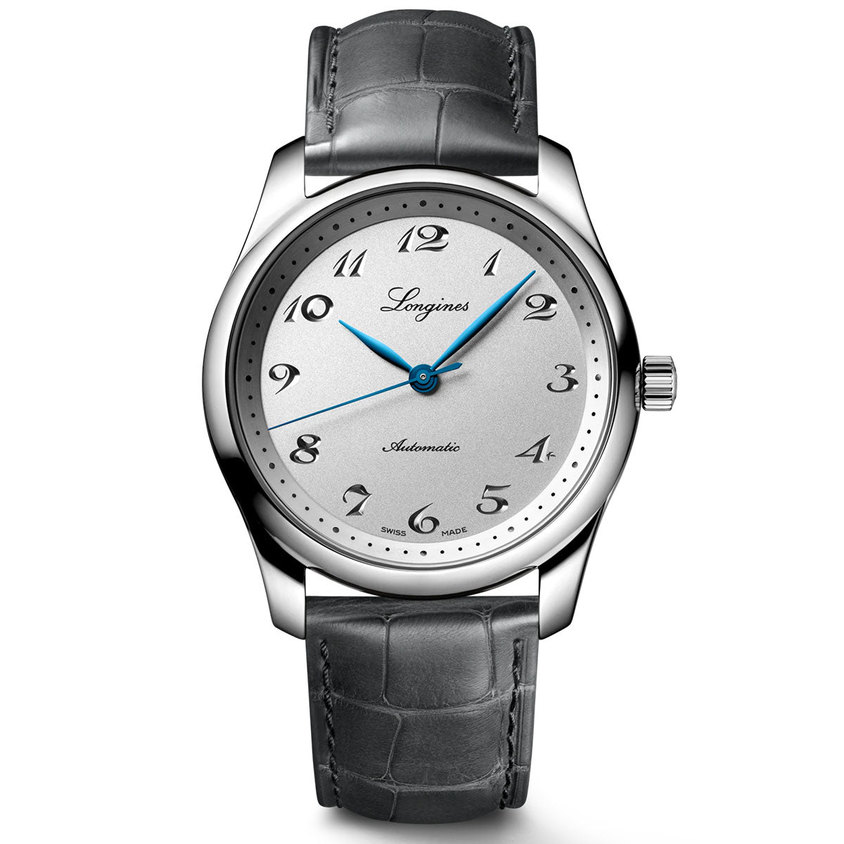 The Longines Master Collection 190TH Anniversary Automatic 40mm watch showcases a silver design with a round face adorned with elegant Arabic numerals. The dial proudly displays "Longines" and "Automatic," while its blued steel hands enhance the precision craftsmanship. This sophisticated style is completed by a textured gray leather strap.