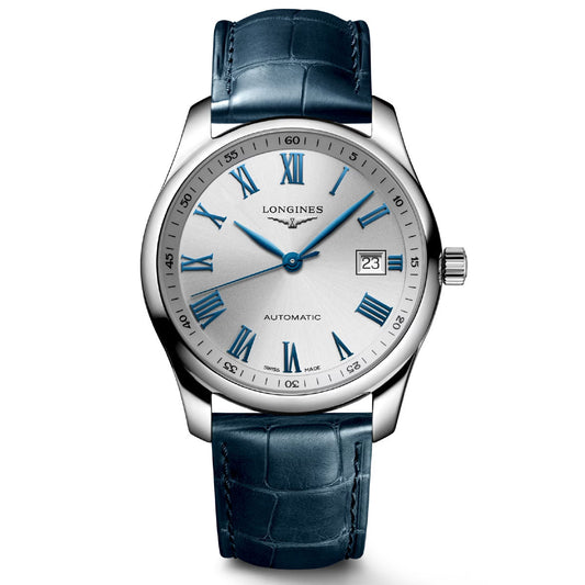 Explore the Longines Master Collection Automatic 40mm Watch, a perfect blend of precision and craftsmanship. Featuring striking blue Roman numerals and hands against its silver face, this watch includes a date display at 3 o'clock. Its sophisticated design is enhanced by a blue leather strap, with the Longines brand name elegantly displayed on the dial.