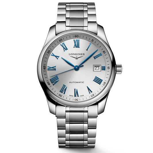 Introducing the Longines Master Collection Automatic 40mm Watch, this timepiece exudes elegance with its silver metallic bracelet and classic round face. The dial is adorned with blue Roman numeral hour markers, a date window at 3 o'clock, and prominently displays the "LONGINES" branding. Its automatic movement showcases horological mastery synonymous with timeless elegance.