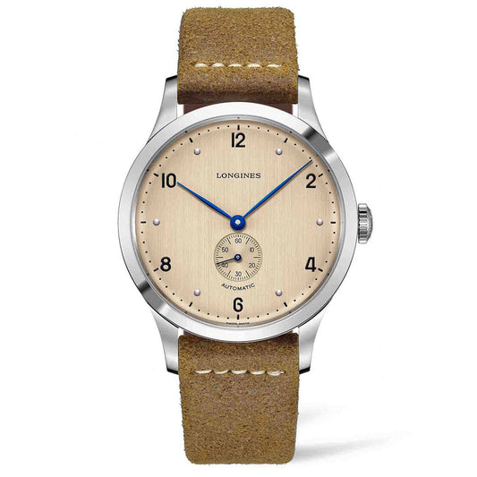 The Longines Heritage Classic 1945 Automatic 40mm Watch exemplifies exceptional watchmaking with its silver case, beige dial, blue hands, and black Arabic numerals. A small seconds subdial enhances its elegance, complemented by a brown leather strap that completes this timeless piece.