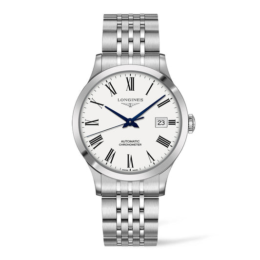 The Longines Record Automatic 40mm Watch by Longines features a stainless steel case with a white dial, complemented by black Roman numerals and blue hands. It includes a date display at the 3 o'clock position and is paired with an elegant metal bracelet. The watch also incorporates a silicon balance spring for enhanced precision and is COSC Chronometer Certified to guarantee superior accuracy.