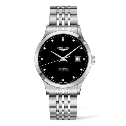 The Longines Record Automatic 40mm Watch showcases a timeless style with its silver metal band and black dial. It prominently displays the Longines brand name, includes a date window at 3 o'clock, and features chronometer certification with its single-crystal silicon balance spring, making it ideal for those who value sleek elegance.