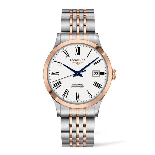 Immerse yourself in the sophistication of the Longines Record Automatic 40mm Watch, adorned with a refined silver and rose gold metal band. Its pristine white dial is graced with striking blue Roman numerals and hands, along with a convenient date display at 3 o'clock. The iconic Longines logo and a rose gold bezel complete this luxurious timepiece.