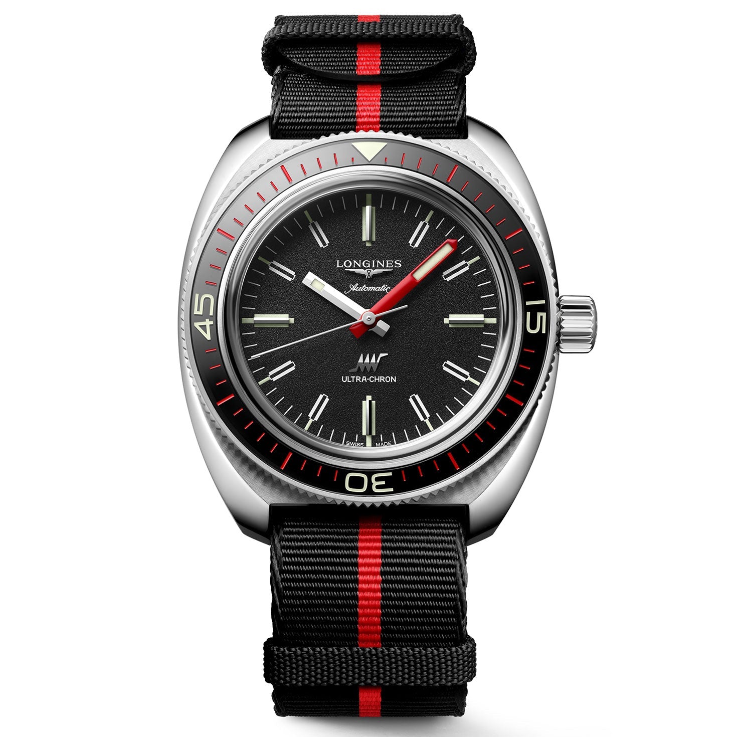 The Longines Ultra-Chron Box Edition Automatic 43mm Watch showcases a fashionable black and red nylon strap and an eye-catching black dial with silver hour markers and hands. It includes a red and black rotating bezel paired with an elegant silver case, offering high-frequency calibre precision.