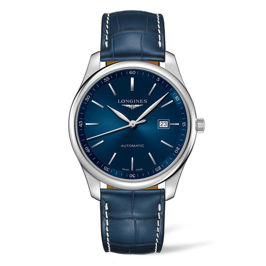 The sophisticated Longines Master Collection Automatic 42mm Watch exemplifies traditional craftsmanship with its deep blue dial and silver hour markers. It features a date window at 3 o'clock, complemented by a textured blue leather strap and a silver bezel, reflecting contemporary innovation.