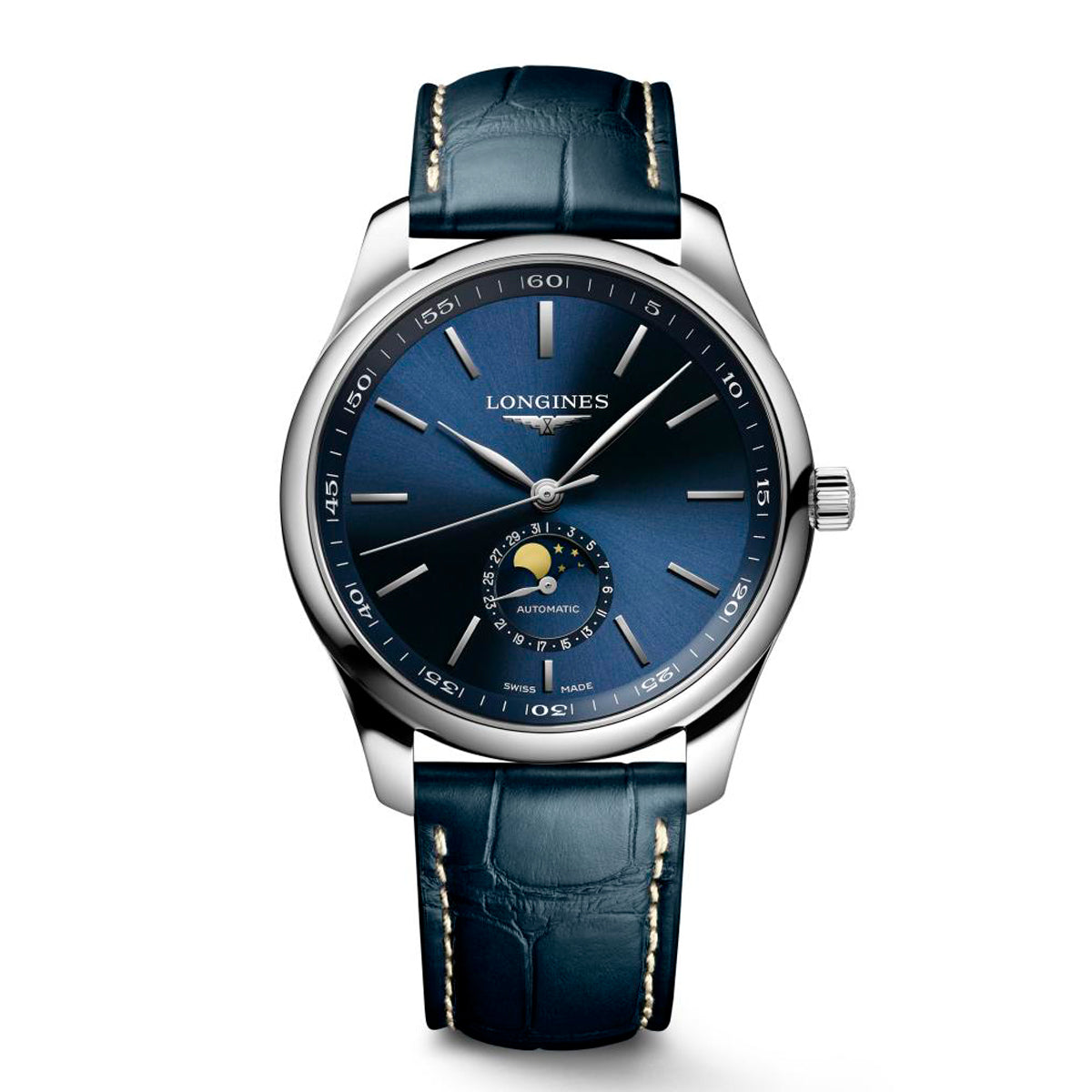 The Longines Master Collection Automatic 42mm Watch is a sophisticated wristwatch that boasts a blue dial with a silver casing and features a moon phase display alongside its leather strap. This watch exemplifies watchmaking excellence with its minimalist design and streamlined hour markers, capturing the essence of timeless craftsmanship under the esteemed Longines brand.