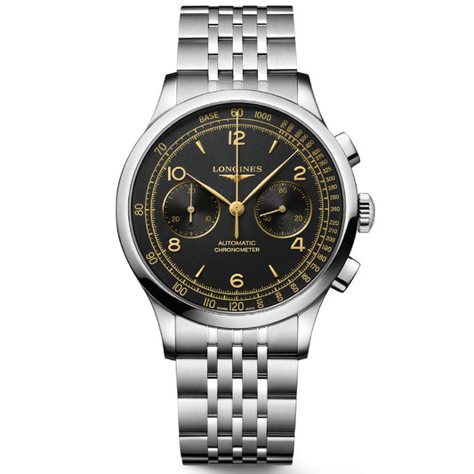 The Longines Record Automatic 40mm Watch exemplifies remarkable craftsmanship with its stainless steel construction and black dial. Its allure is heightened by gold hour markers and hands, alongside chronograph features and a tachymeter scale. The design is perfectly complemented by a sophisticated metal link bracelet.