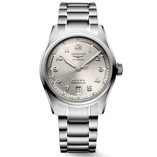 The Longines Spirit Automatic 37mm Watch by Longines, inspired by aviation timepieces, features a stainless steel design with a cream dial and silver hour markers. The word "Automatic" appears on the face next to the date window at 3 o'clock, while five stars are prominently displayed near the bottom center on its metal bracelet.